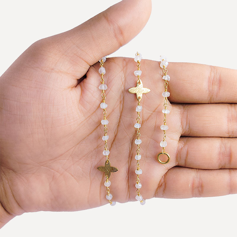 Elegant rainbow moonstone beaded necklace with butterfly motif accents and smooth 18K Gold Overlay Over Copper designed for everyday and festive wear