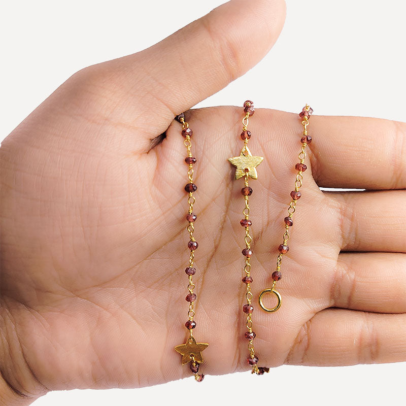 Elegant red garnet beaded necklace with butterfly motif accents and smooth 18K Gold Overlay Over Copper designed for everyday and festive wear