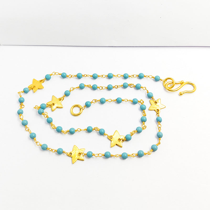 Elegant turquoise shell beaded necklace with star motif accents and smooth 18K Gold Overlay Over Copper designed for everyday and festive wear