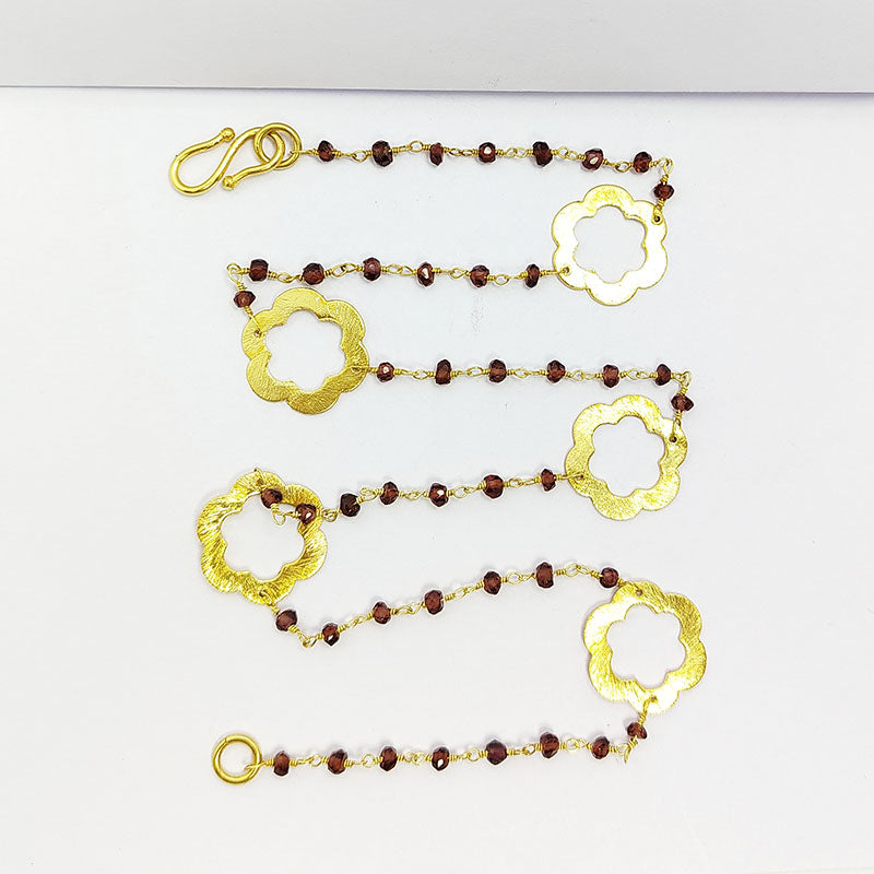 Elegant red garnet beaded necklace with floral motif accents and smooth 18K Gold Overlay Over Copper designed for everyday and festive wear