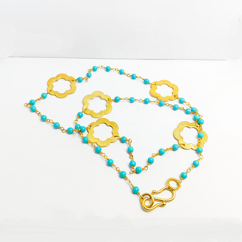 Elegant turquoise shell beaded necklace with floral motif accents and smooth 18K Gold Overlay Over Copper designed for everyday and festive wear