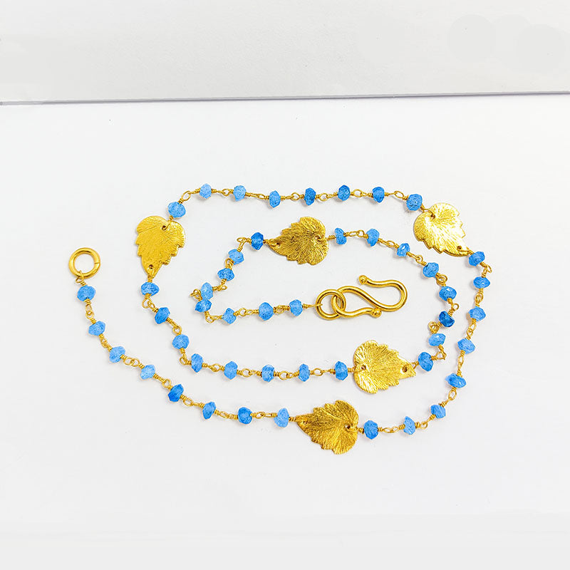 Elegant labradorite beaded necklace with leaf motif accents and smooth 18K Gold Overlay Over Copper designed for everyday and festive wear