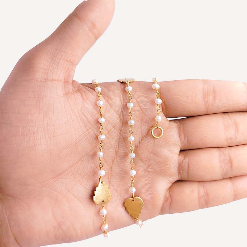 Elegant mabe pearl beaded necklace with leaf motif accents and smooth 18K Gold Overlay Over Copper designed for everyday and festive wear