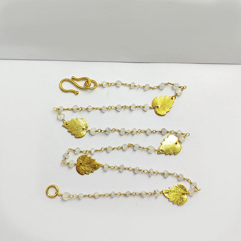 Elegant rainbow moonstone beaded necklace with leaf motif accents and smooth 18K Gold Overlay Over Copper designed for everyday and festive wear