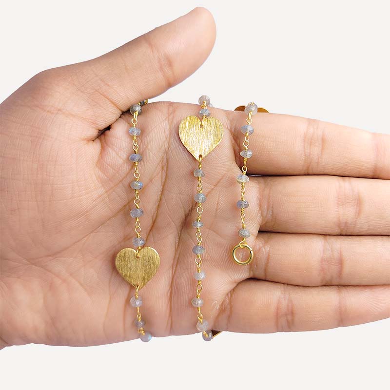 Elegant labradorite beaded necklace with heart motif accents and smooth 18K Gold Overlay Over Copper designed for everyday and festive wear