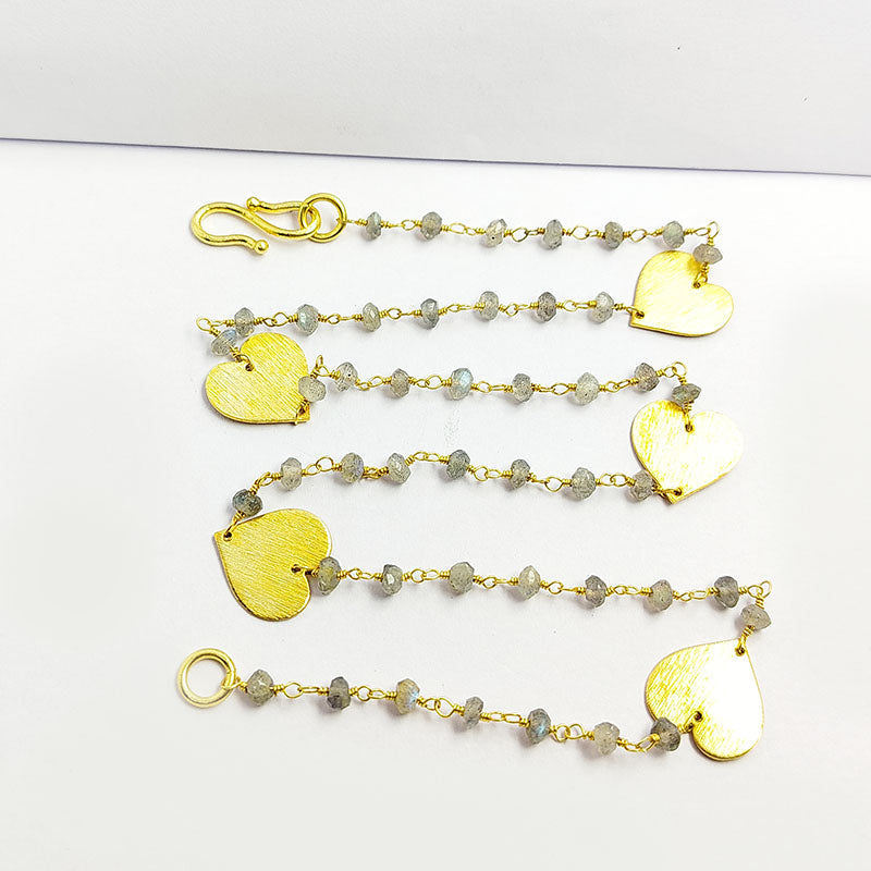 Elegant labradorite beaded necklace with heart motif accents and smooth 18K Gold Overlay Over Copper designed for everyday and festive wear