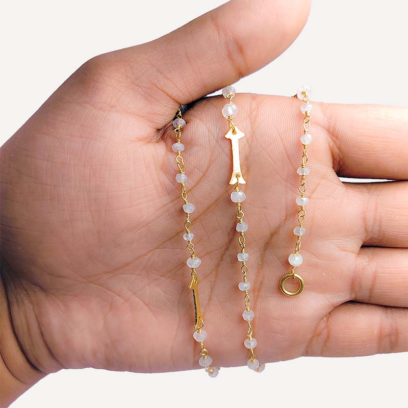 Elegant rainbow moonstone beaded necklace with arrow motif accents and smooth 18K Gold Overlay Over Copper designed for everyday and festive wear