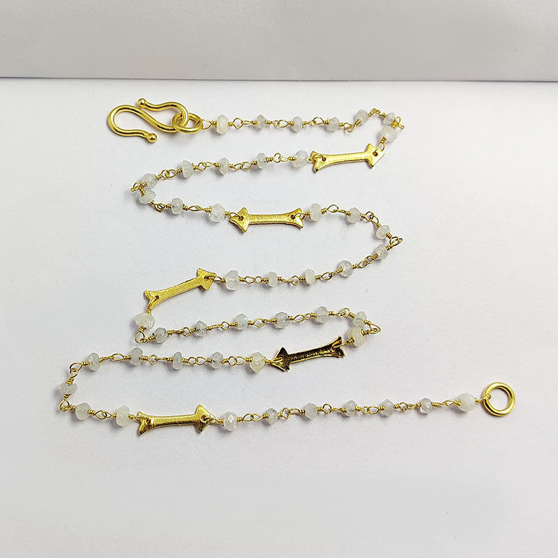 Elegant rainbow moonstone beaded necklace with arrow motif accents and smooth 18K Gold Overlay Over Copper designed for everyday and festive wear