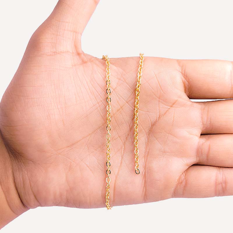 Delicate 18K Gold Overlay Over Copper fine oval link jewelry chain with polished finish, ideal for necklaces, bracelets, and lightweight custom jewelry making projects