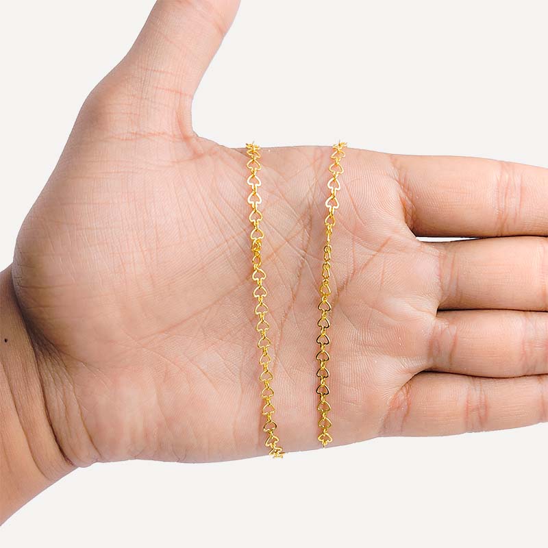 Heart shape link 18K Gold Overlay Over Copper jewelry chain with polished finish, ideal for necklaces, bracelets, and romantic custom jewelry making projects