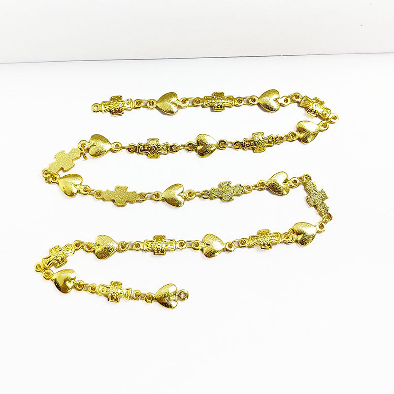 Heart and cross link 18K Gold Overlay Over Copper jewelry chain with polished finish, ideal for necklaces, bracelets, and symbolic custom jewelry making projects