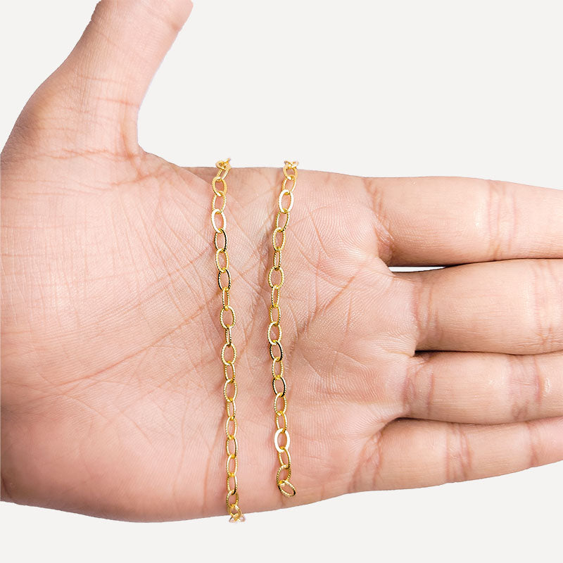 Textured oval link jewelry chain crafted with 18K Gold Overlay Over Copper featuring polished finish sold per foot for DIY jewelry projects