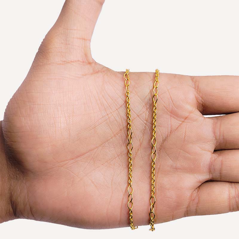 Elegant elongated link chain made with 18K Gold Overlay Over Copper showcasing smooth polished finish, oval link structure, and modern design for everyday wear