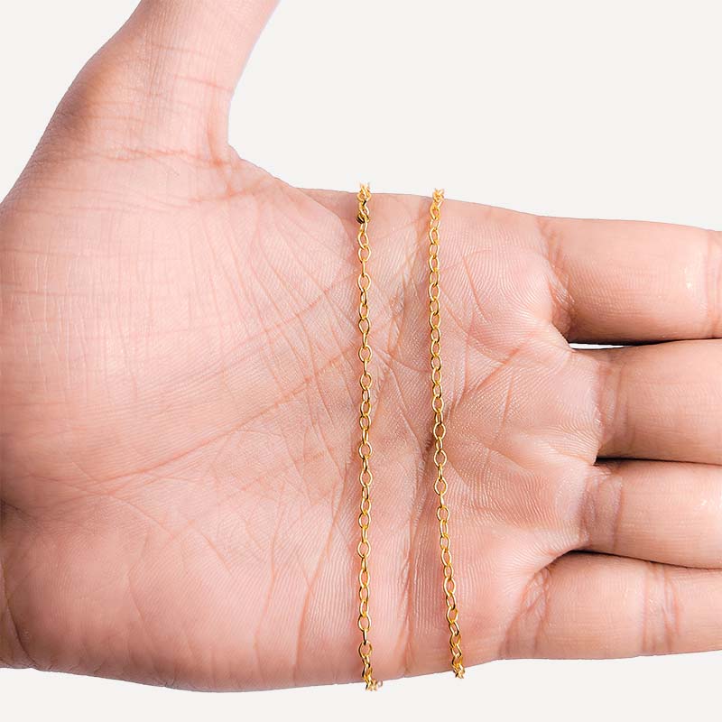 Fine oval link chain made with 18K Gold Overlay Over Copper featuring smooth polished oval links and flexible length sold per foot for minimal custom jewelry projects