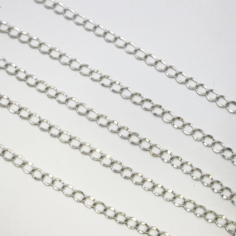 Silver overlay over copper oval link chain with polished finish and elegant smooth links displayed on white background for retail jewelry use