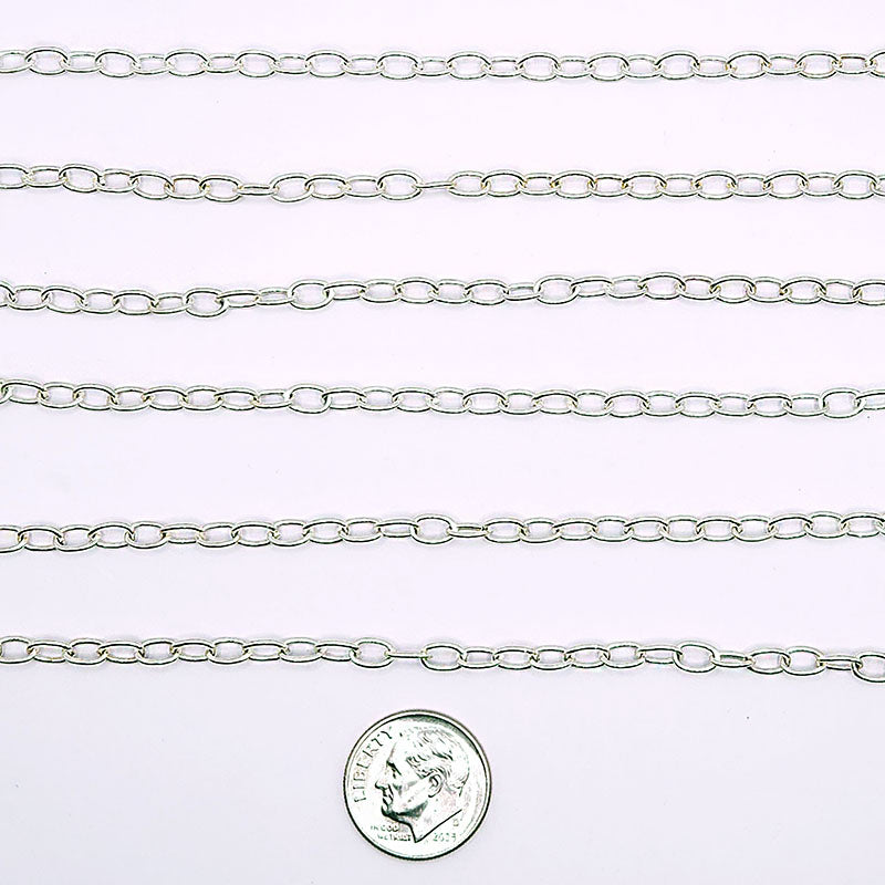Silver overlay over copper oval link chain with polished finish and elegant smooth oval links displayed on white background for retail jewelry use