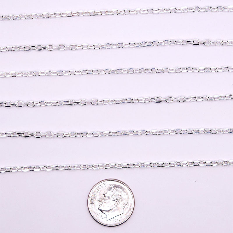 Silver overlay over copper fine oval link chain with polished finish and elegant compact oval links displayed on white background for retail jewelry use