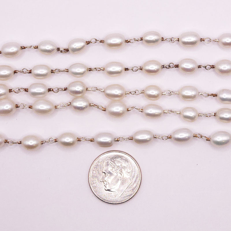 Silver overlay over copper mabe pearl beading and extender chain with polished finish and oval luminous pearl beads displayed on white background for retail jewelry use