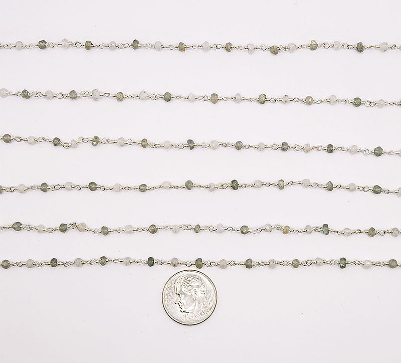 Silver overlay over copper rainbow moonstone and labradorite beading and extender chain with polished finish displayed on white background for retail jewelry use