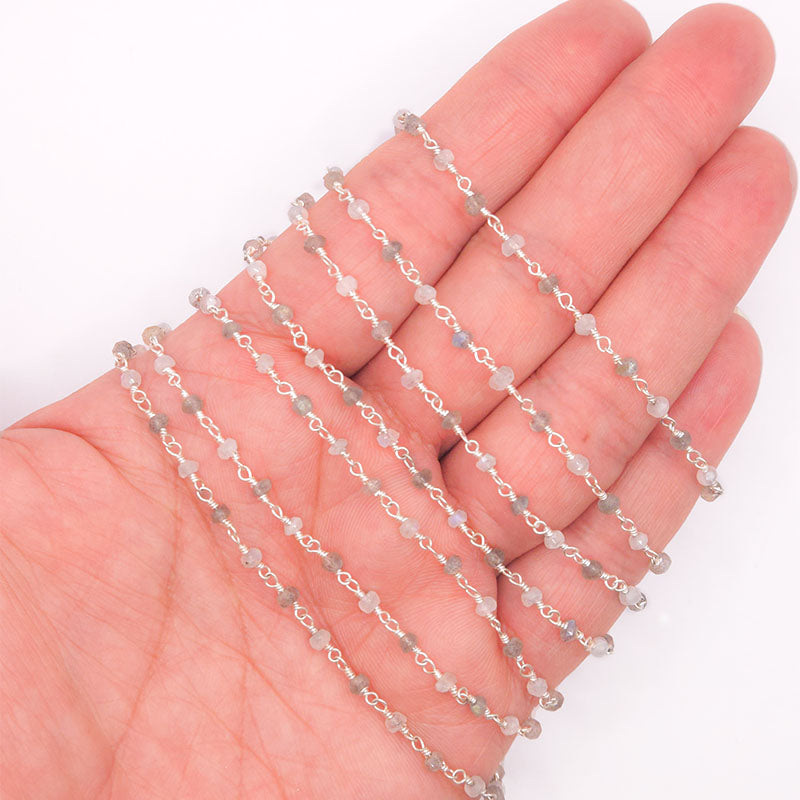 Silver overlay over copper rainbow moonstone and labradorite beading and extender chain with polished finish displayed on white background for retail jewelry use