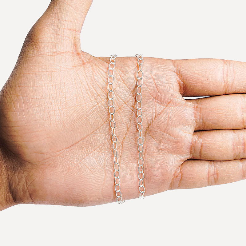 Silver Overlay Over Copper uniform oval link beading and extender chain sold as per foot, ideal for creating custom necklaces, bracelets, and layered jewelry