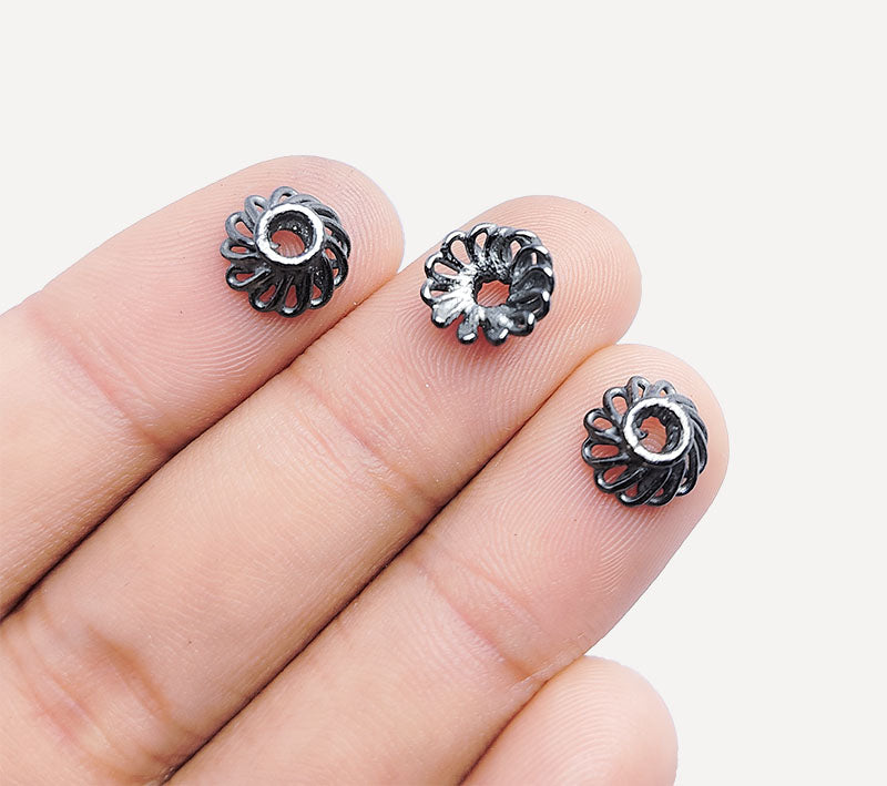 Black Rhodium Overlay Over Copper designer petal edge floral bead cap handcrafted in India with decorative finish
