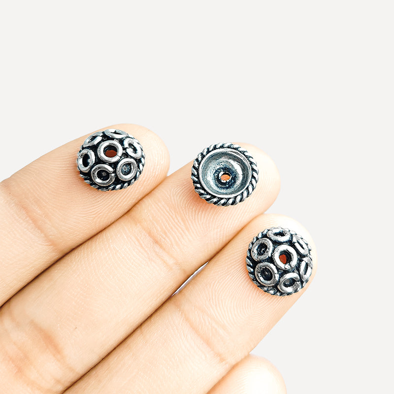 Silver overlay over copper decorative bead cap with scroll design for handmade jewelry