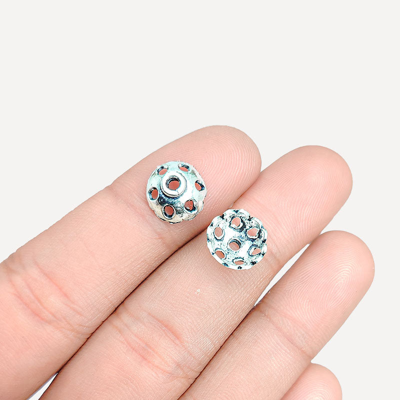 Silver overlay over copper floral cutout bead cap for decorative handmade jewelry designs