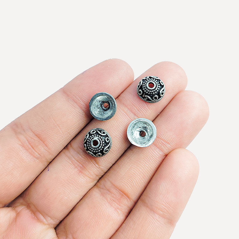 Silver overlay over copper scroll pattern bead cap for decorative handmade jewelry designs