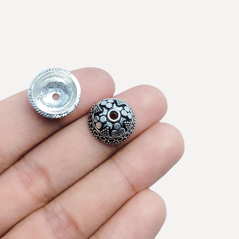 Silver overlay over copper bead cap from India handcrafted with dome pattern and oxidized antique silver finish