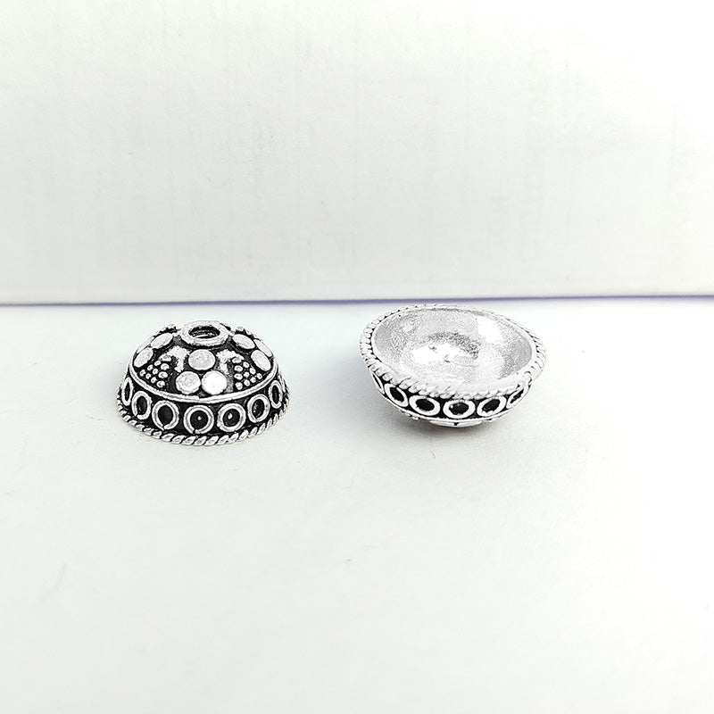 Silver overlay over copper bead cap from India handcrafted with dome pattern and oxidized antique silver finish