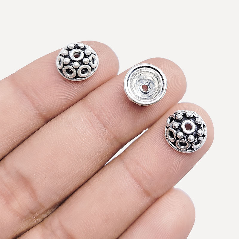 Silver Overlay Over Copper artisan dome bead cap handmade in India with oxidized antique finish.