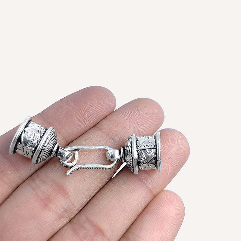 Silver Overlay Over Copper artisan engraved hook end cap handmade in India with antique oxidized finish.