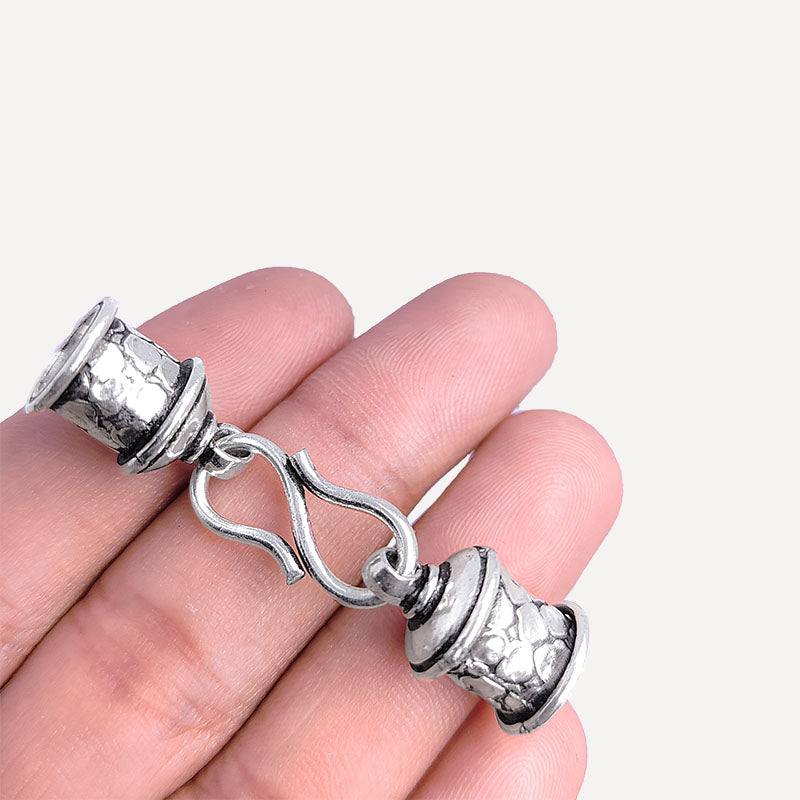 Silver Overlay Over Copper artisan floral hook end cap handmade in India with antique oxidized finish.