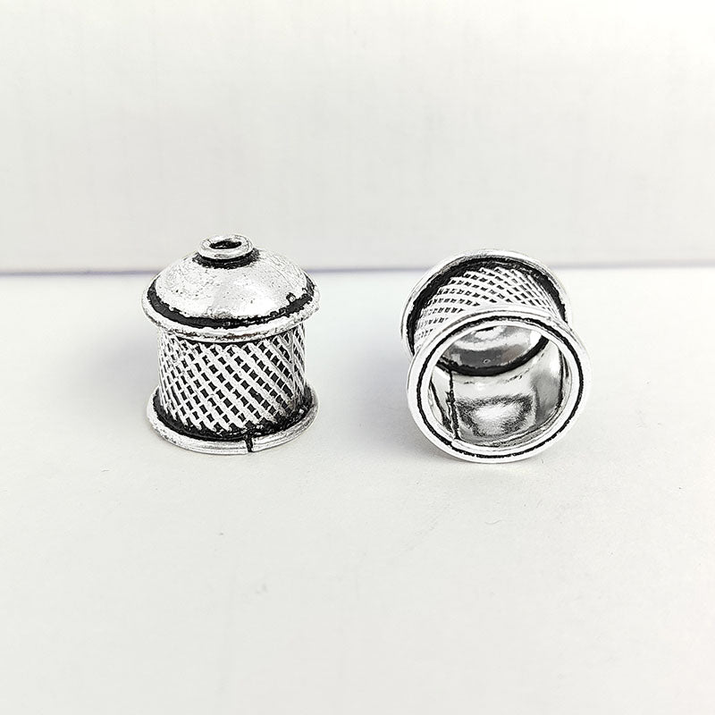 Silver Overlay Over Copper artisan textured dome end cap handmade in India with antique oxidized finish.