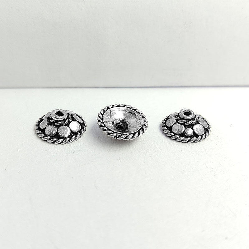 Silver Overlay Over Copper artisan round floral bead cap handmade in India with antique oxidized finish.