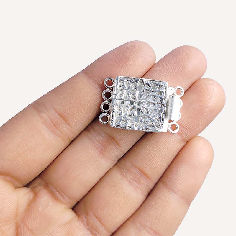 Elegant Silver Overlay Over Copper Box Clasp With 4 Holes featuring floral openwork and antique finish, handcrafted in India.