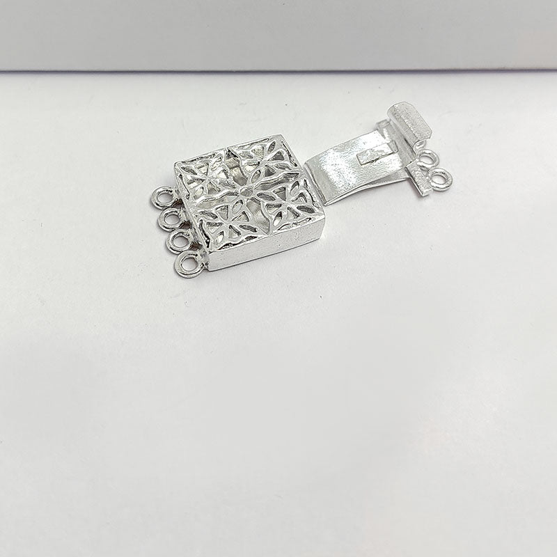 Elegant Silver Overlay Over Copper Box Clasp With 4 Holes featuring floral openwork and antique finish, handcrafted in India.