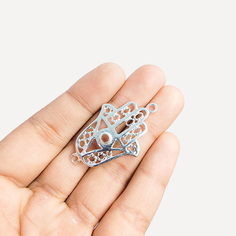 Modern Silver Overlay Hands of Fatima openwork pendant crafted in Silver Overlay Over Copper with geometric details, handcrafted in India.