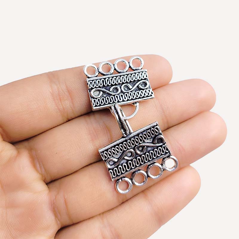 Silver Overlay Over Copper India multi strand clasp with 4 holes and antique oxidized finish for layered jewelry making.
