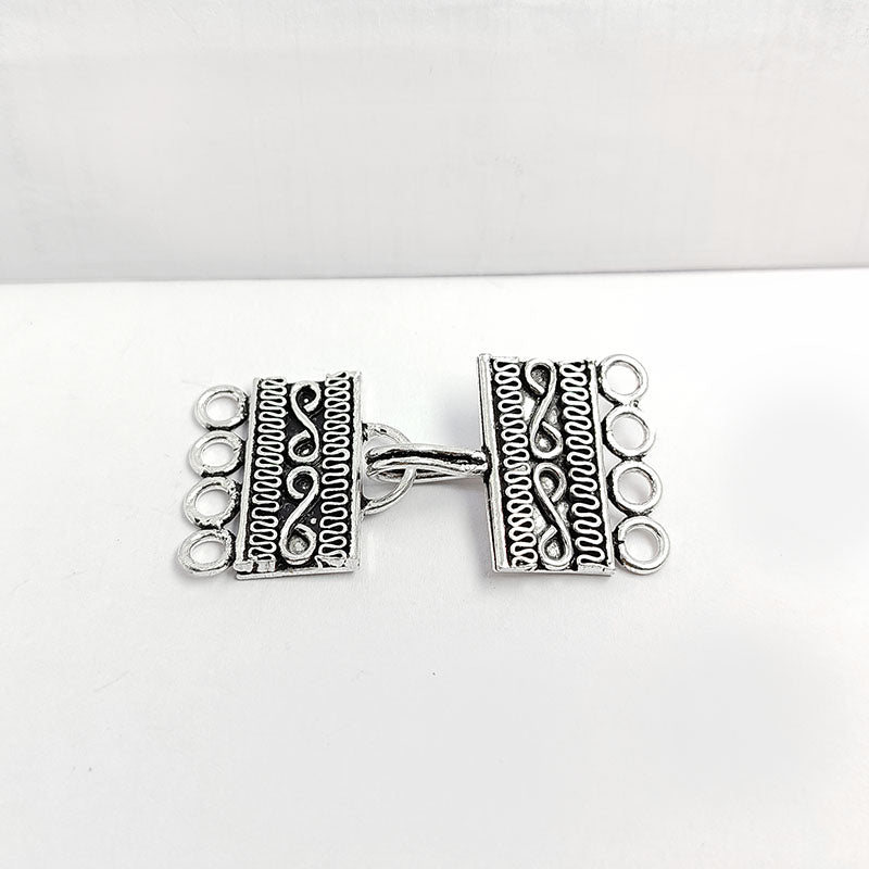 Silver Overlay Over Copper India multi strand clasp with 4 holes and antique oxidized finish for layered jewelry making.