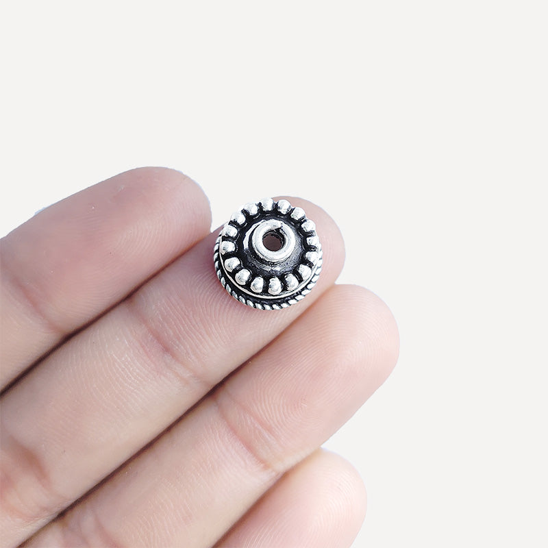 Silver Overlay Over Copper India round dome bead cap with granule detailing and antique oxidized finish for jewelry making.