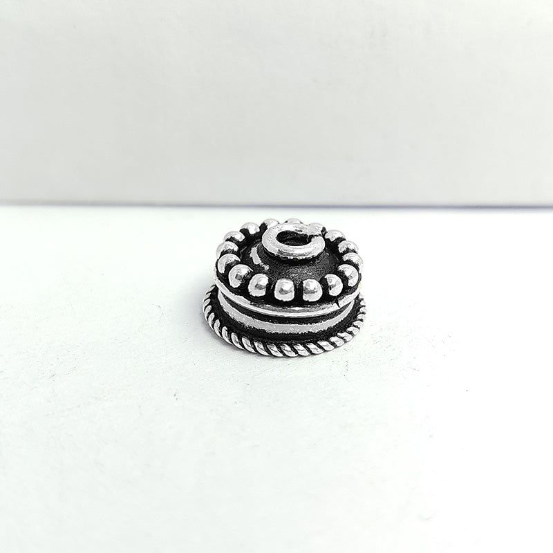 Silver Overlay Over Copper India round dome bead cap with granule detailing and antique oxidized finish for jewelry making.