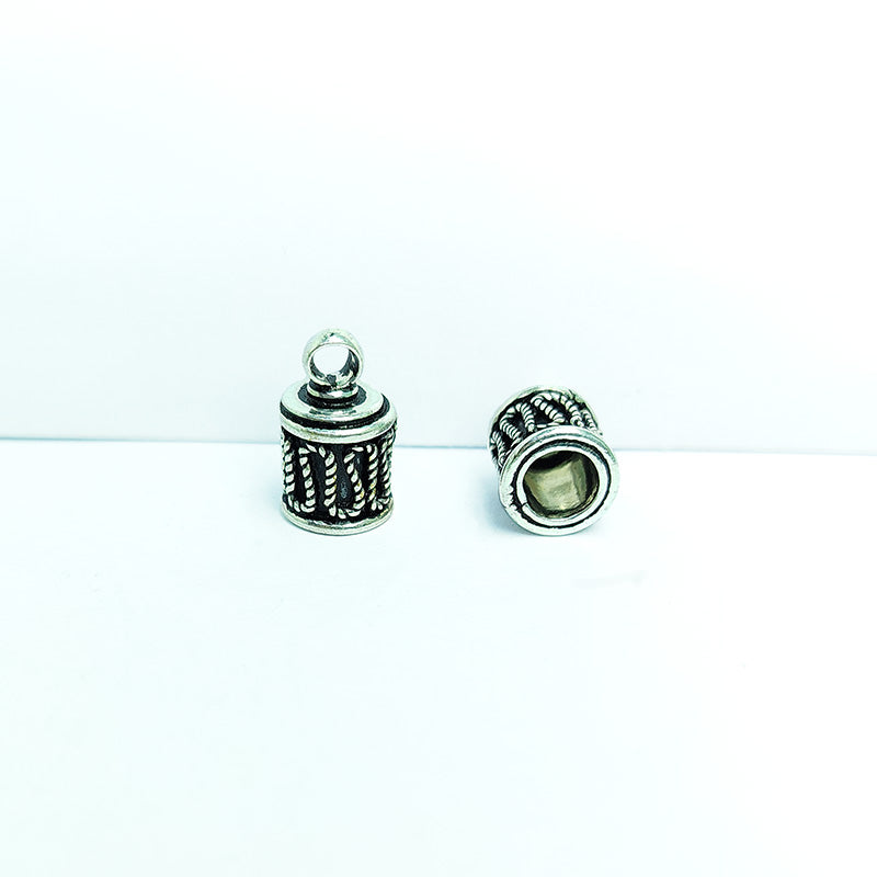 Silver Overlay Over Copper India cylindrical cord end cap with loop and antique oxidized finish for jewelry making.