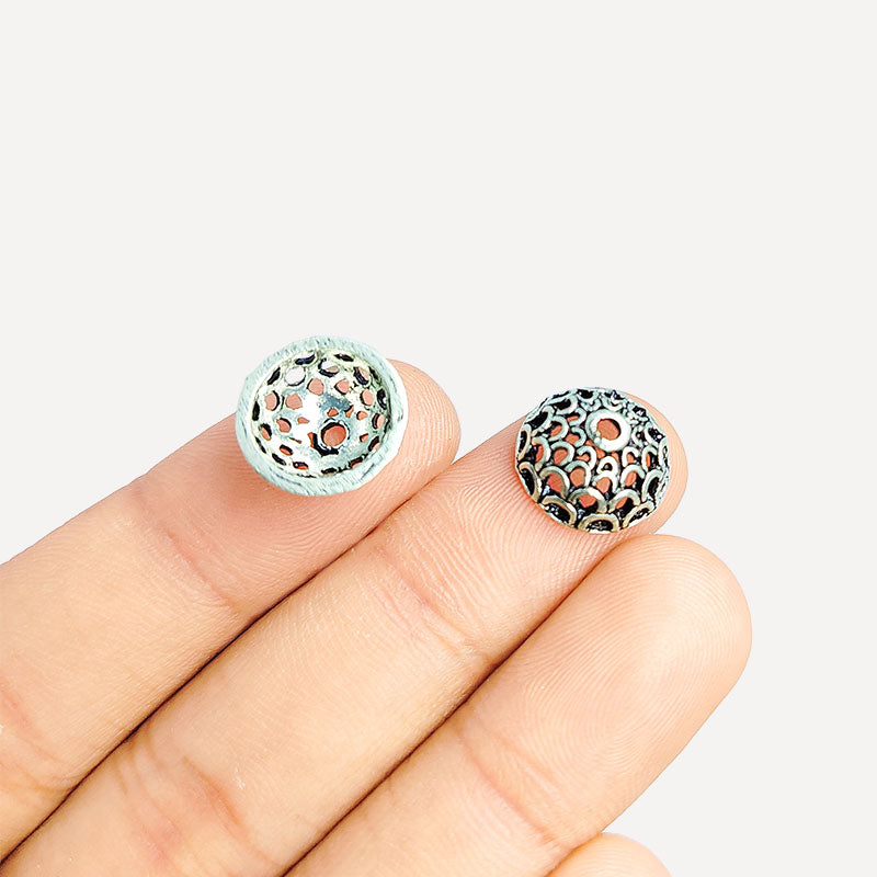 Silver Overlay Over Copper India round textured bead cap with center hole and oxidized finish.