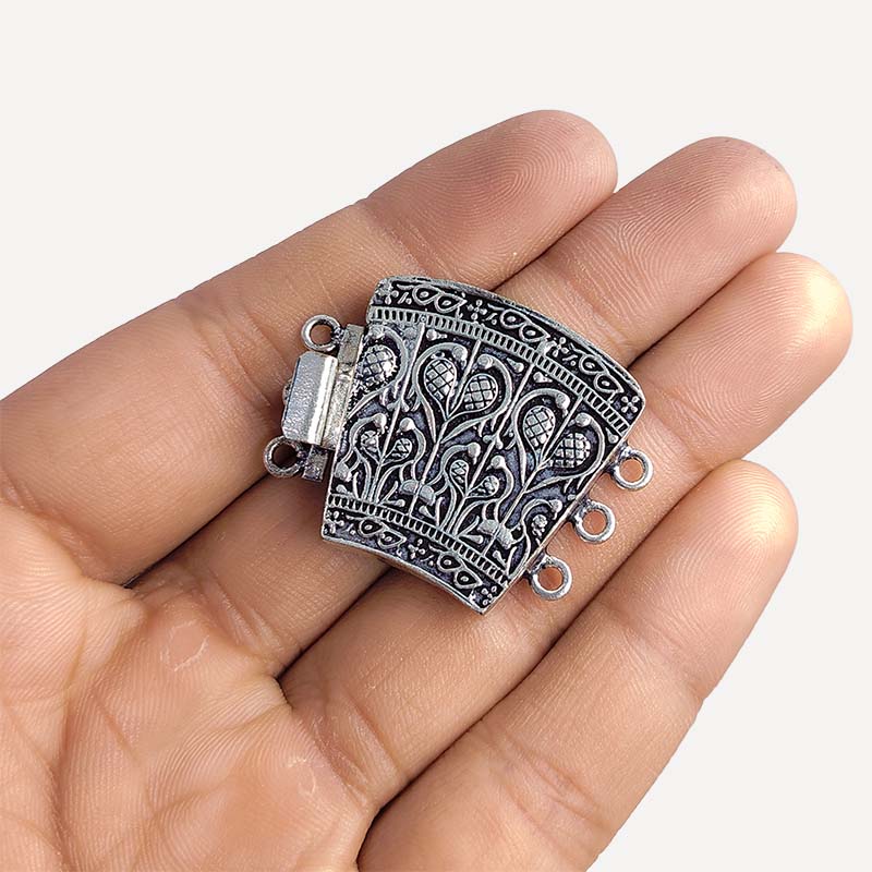 Silver Overlay Over Copper India Box Clasp With 3 Hole with engraved floral detailing and oxidized finish.