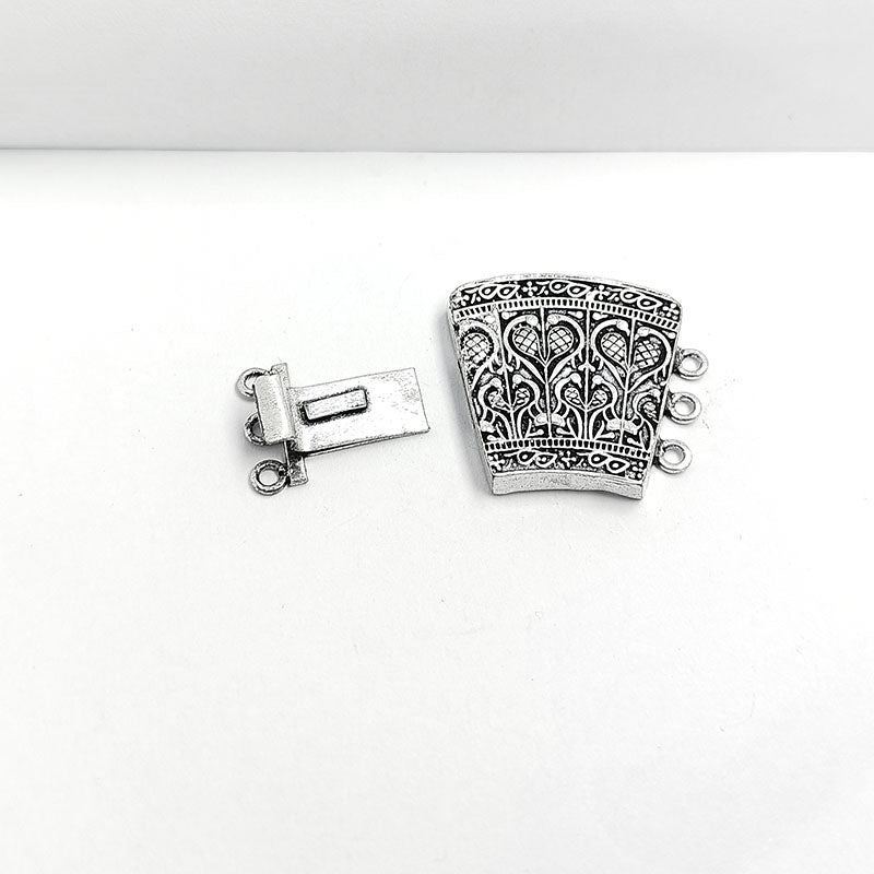 Silver Overlay Over Copper India Box Clasp With 3 Hole with engraved floral detailing and oxidized finish.