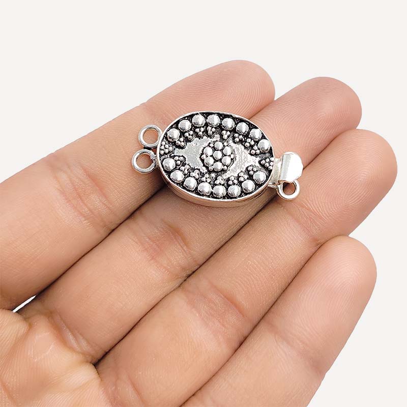 Silver Overlay Over Copper India Box Clasp With 2 Hole with raised bead pattern and oxidized finish.