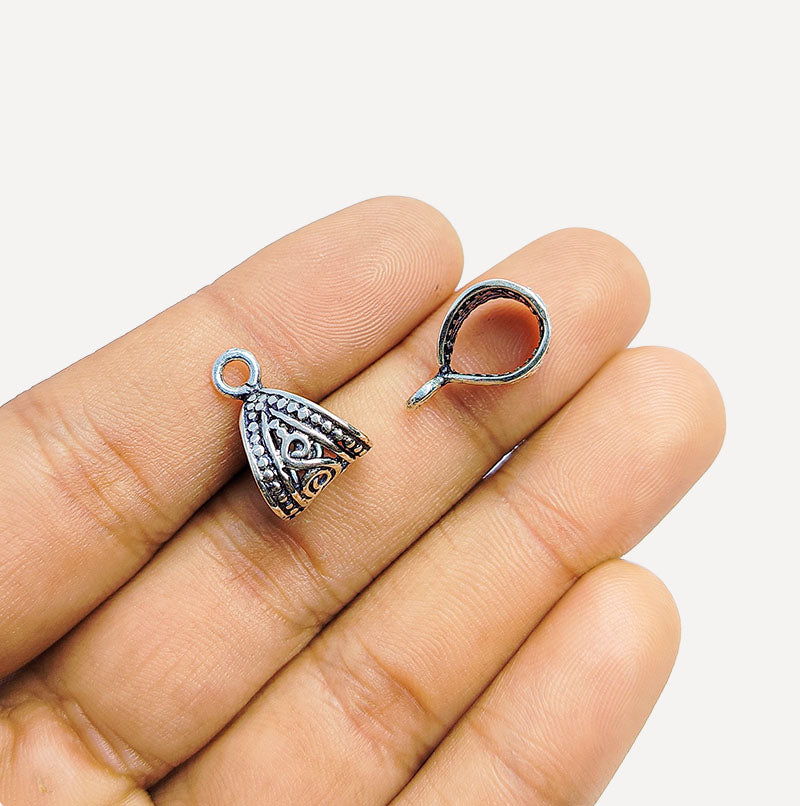 Silver Overlay Over Copper India triangular Pendant Bail with oxidized engraved finish.