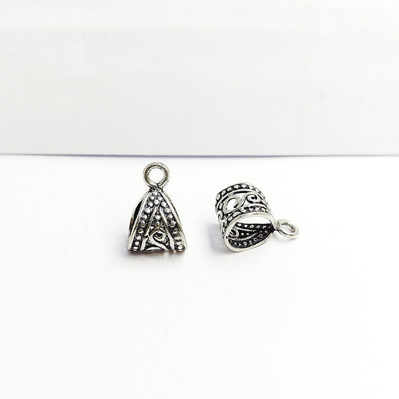 Silver Overlay Over Copper India triangular Pendant Bail with oxidized engraved finish.